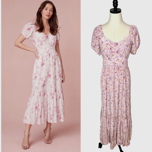 NEW! LoveShackFancy 6 Angie Floral Rose 100% SILK Maxi Dress Short Sleeve Pink - Picture 1 of 15